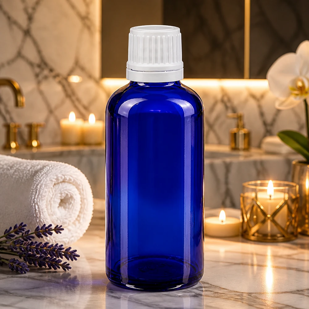 Frasco de farmácia azul 50ml tampa de rosca branca fecho inviolável Frasco de vidro azul de 50 ml com tampa de segurança para crianças branca numa casa de banho luxuosa