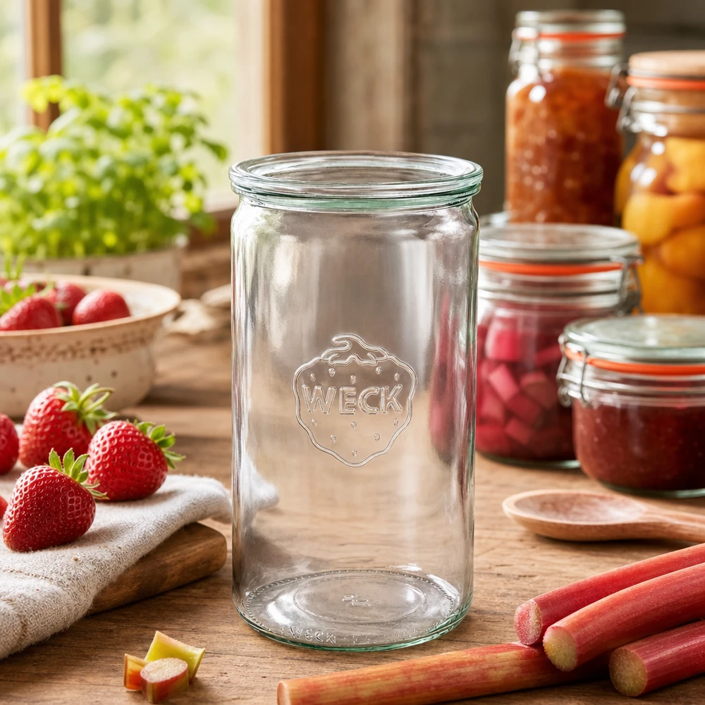 Frasco cilíndrico de 1590ml com tampa de vidro WECK RR100 Frasco de conserva WECK 1590ml em cozinha rústica com frascos de compota morangos ruibarbo acessórios de cozinha tampa de vidro