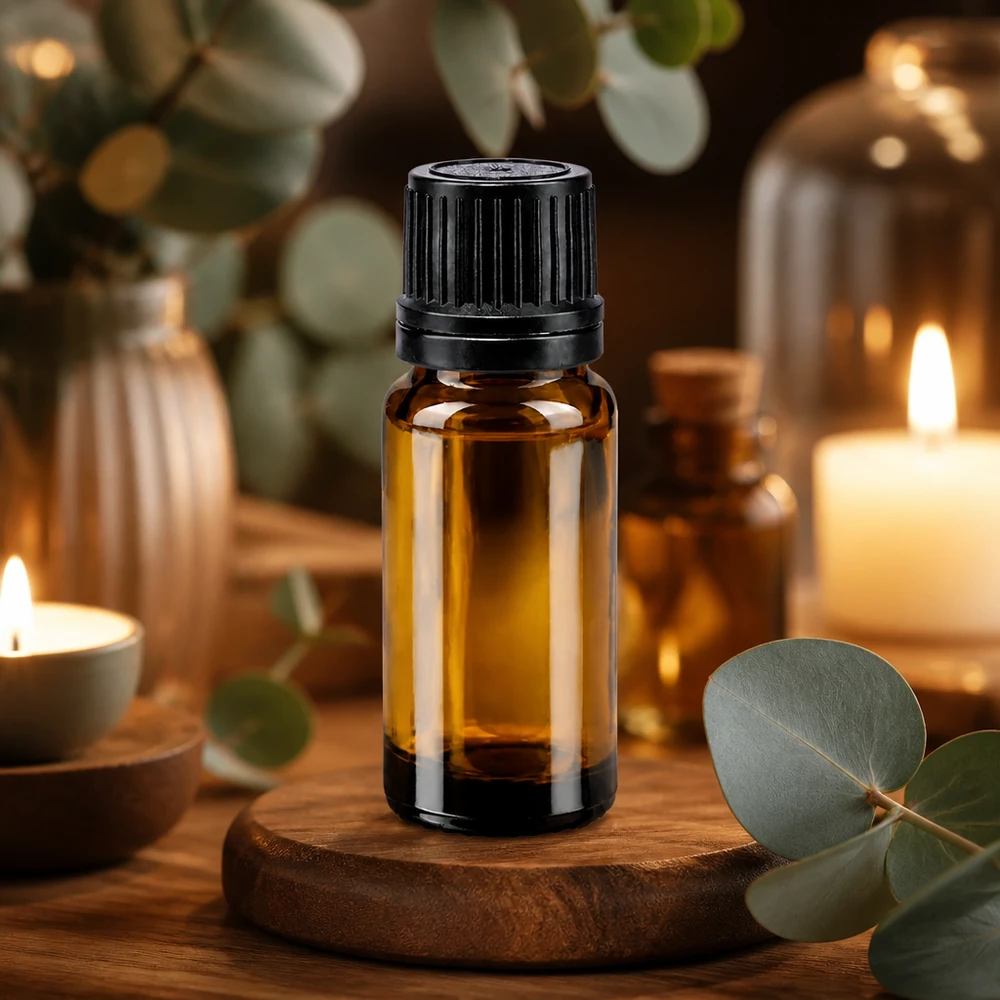 Pequeno frasco conta-gotas castanho de 10 ml com tampa de segurança para crianças preta, sobre uma base de madeira