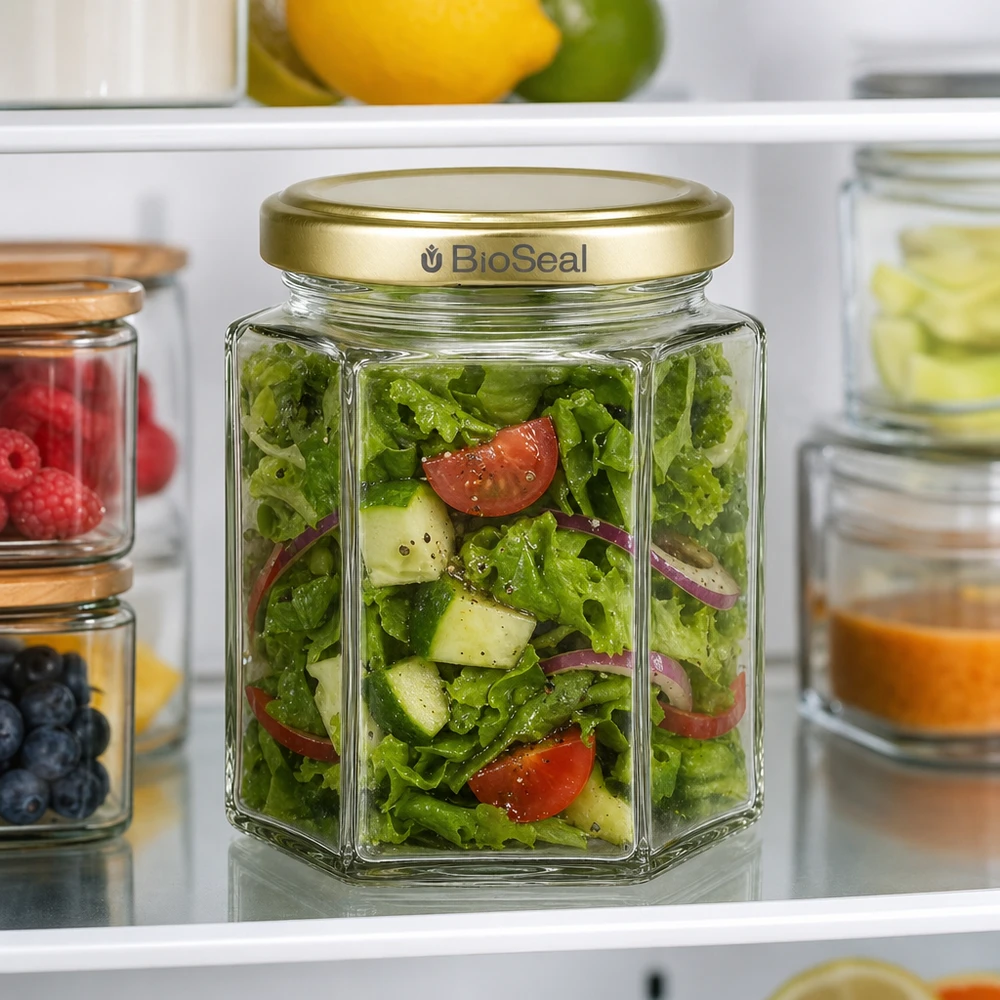 Frasco de mel BioSeal de 250 g cheio de salada com tampa dourada Frigorífico para preparação de refeições Frasco de armazenamento Cozinha