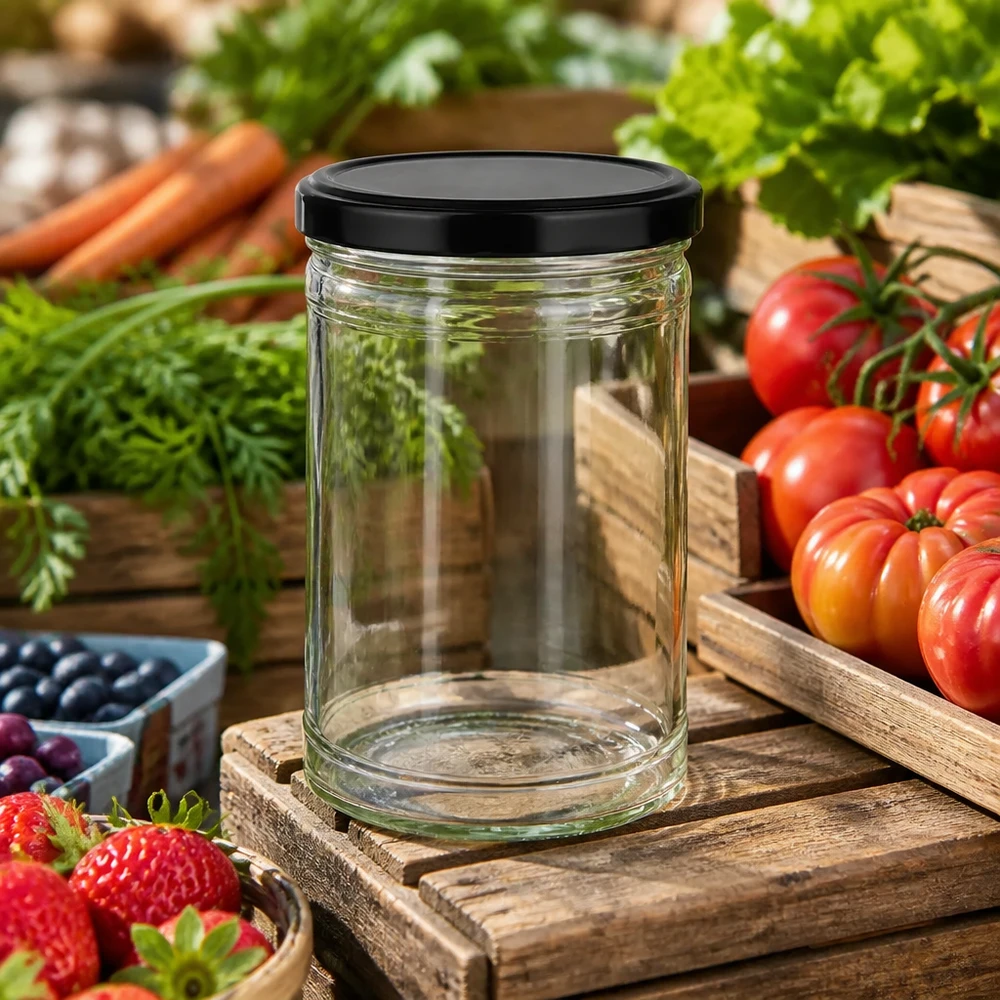 Frasco de vidro vazio de 1053 ml com tampa preta numa tábua de madeira rodeado de legumes frescos, tomates, cenouras e morangos