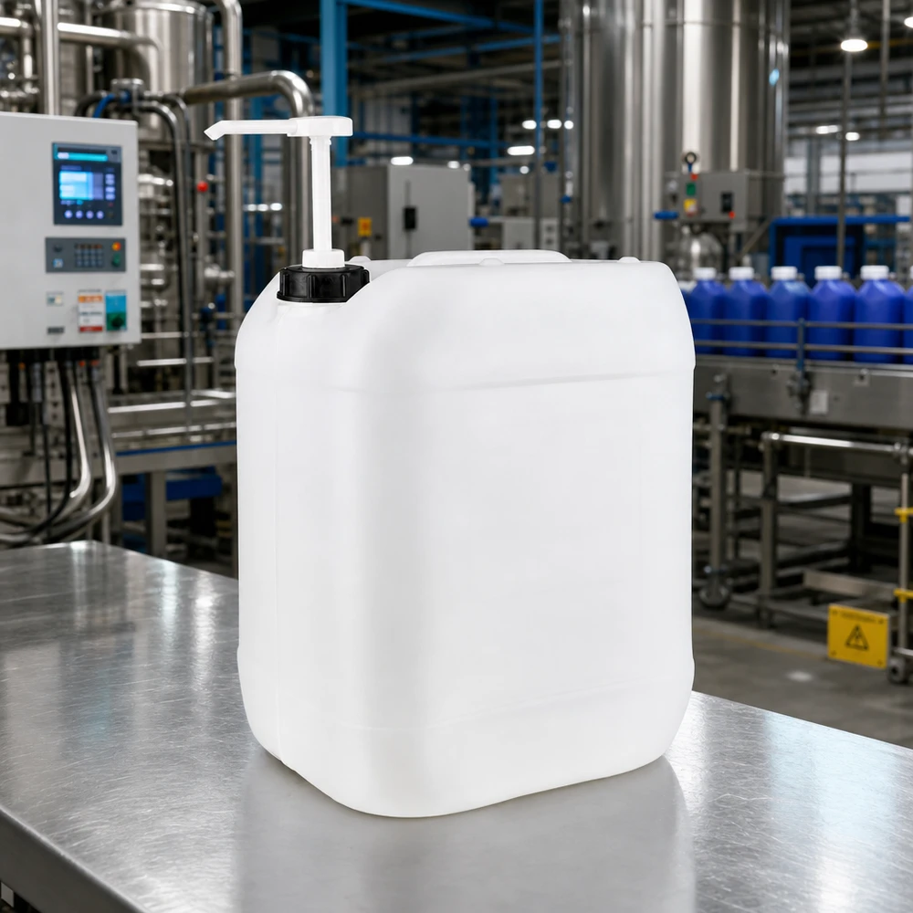 Recipiente industrial transparente de 20 litros com dispensador de bomba, produzido numa moderna linha de enchimento