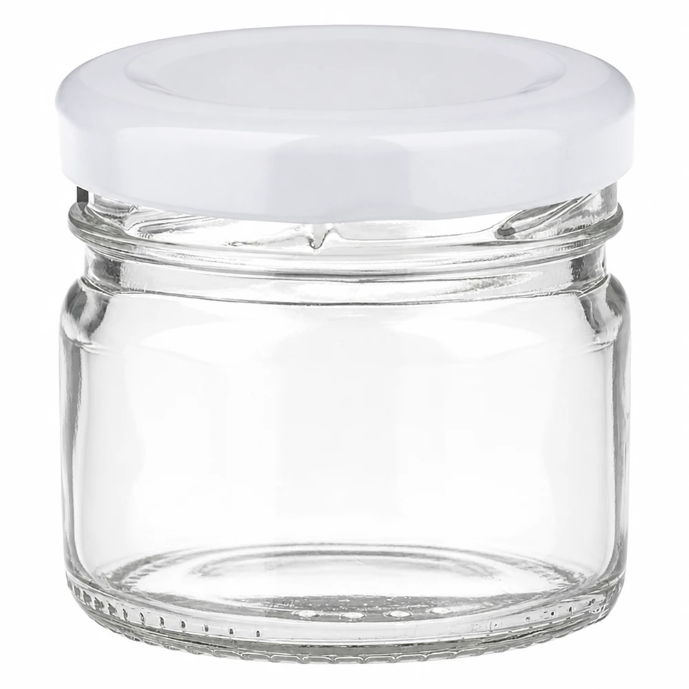 Frasco redondo de vidro de 33 ml com tampa BasicSeal branca da UNiTWIST, vazio e transparente