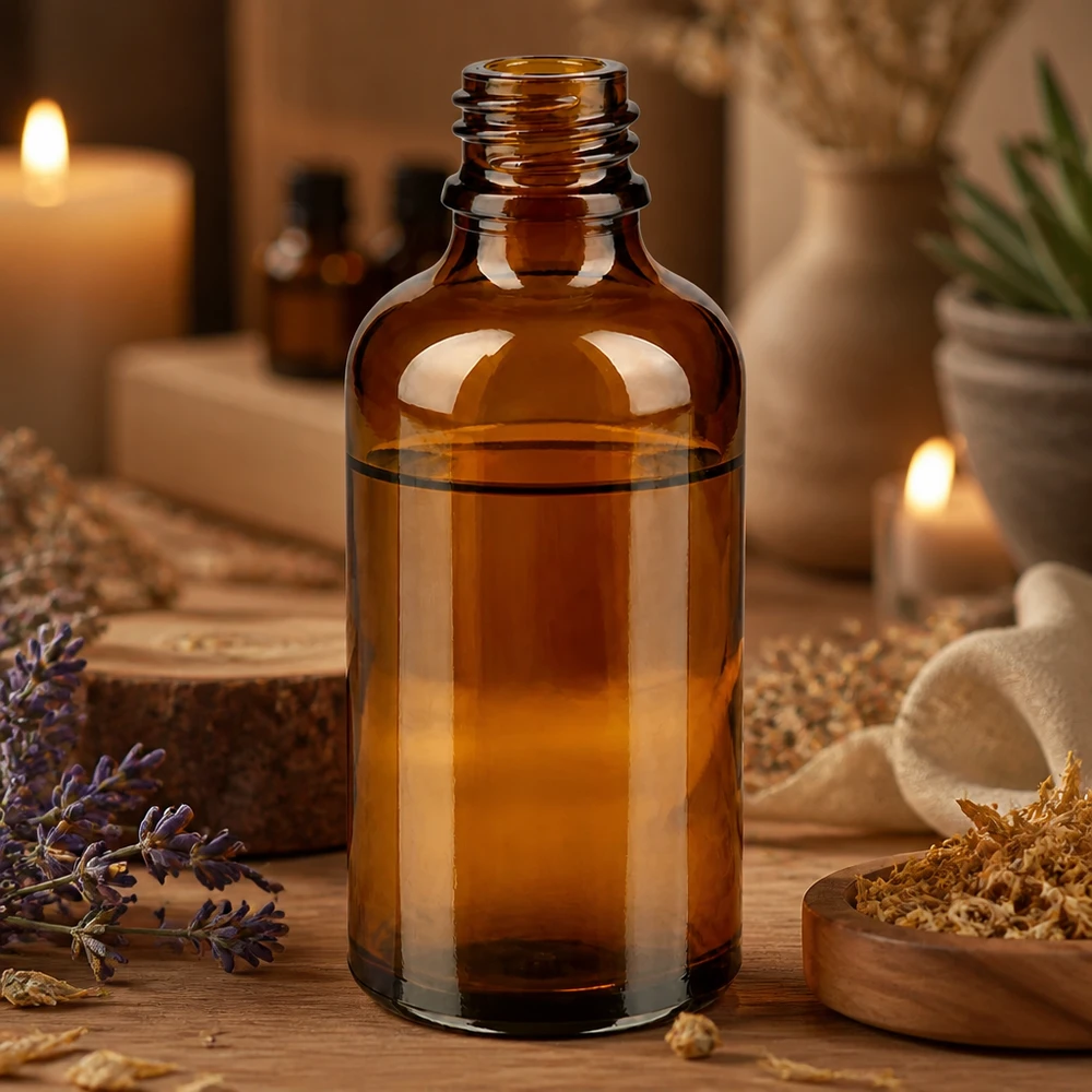Frasco de farmácia ApoGlas castanho de 50 ml com óleos essenciais aromaterapia velas ambiente lavanda spa wellness