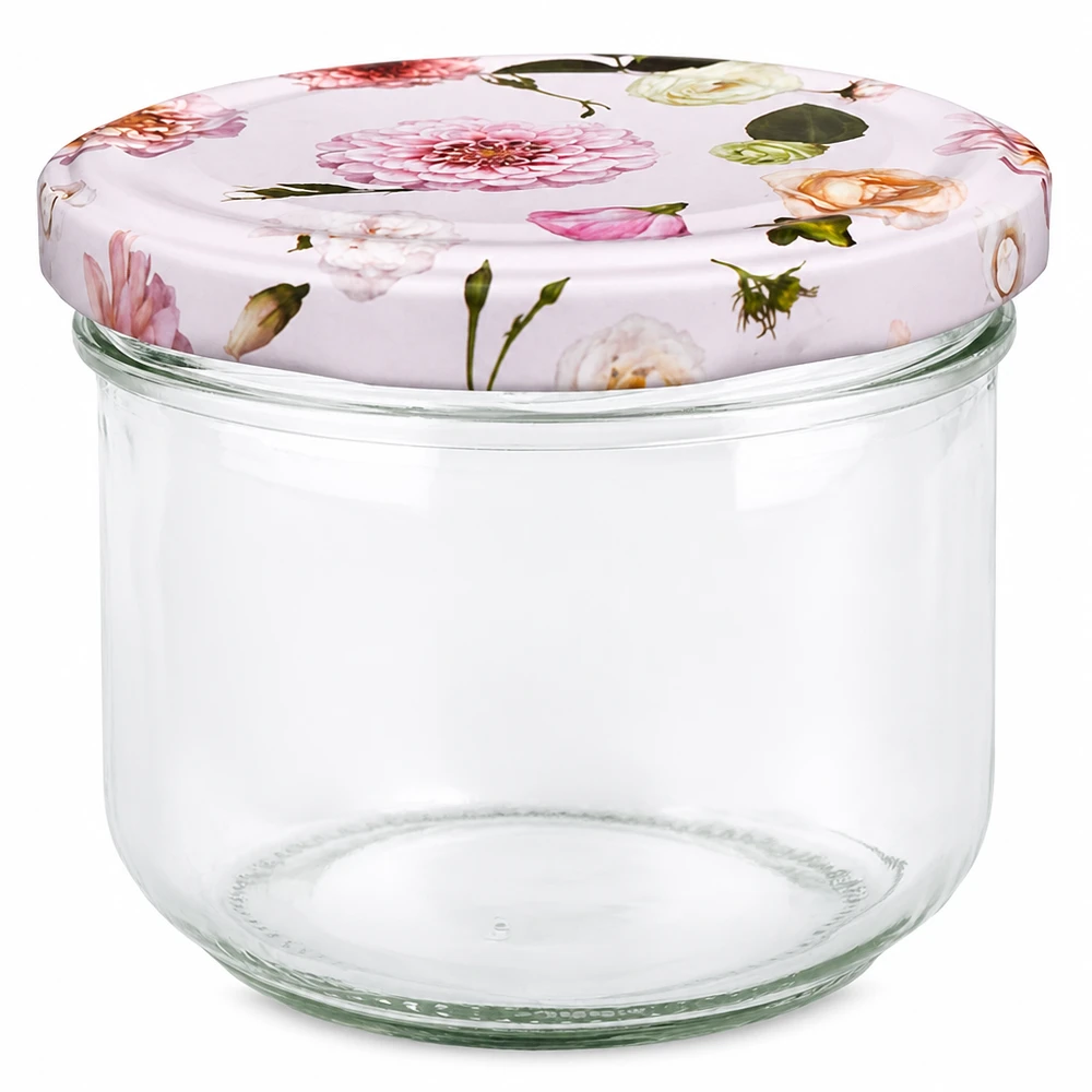 Frasco de vidro de 260 ml com tampa BasicSeal padrão floral cor-de-rosa - frasco de conserva frasco de armazenamento com design floral