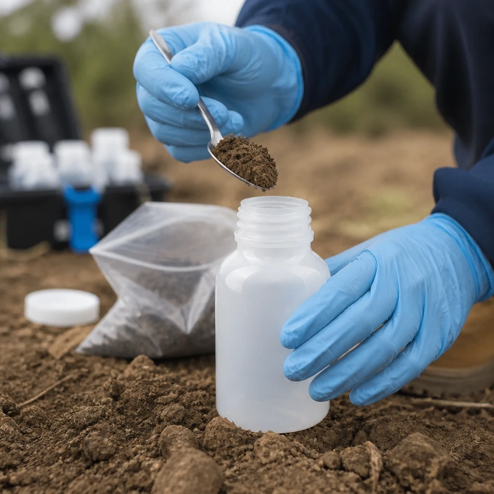 Frasco de laboratório de 100 ml com gargalo largo e sem tampa Recolha de amostras no terreno com um frasco de laboratório de gargalo largo de 100 ml, em plástico resistente, para análises do solo