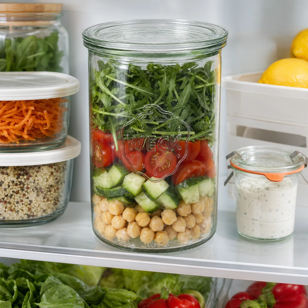 Frasco de vidro WECK 1000ml RR100 no frigorífico com preparação de refeições de salada, juntamente com outros frascos de armazenamento com grão-de-bico