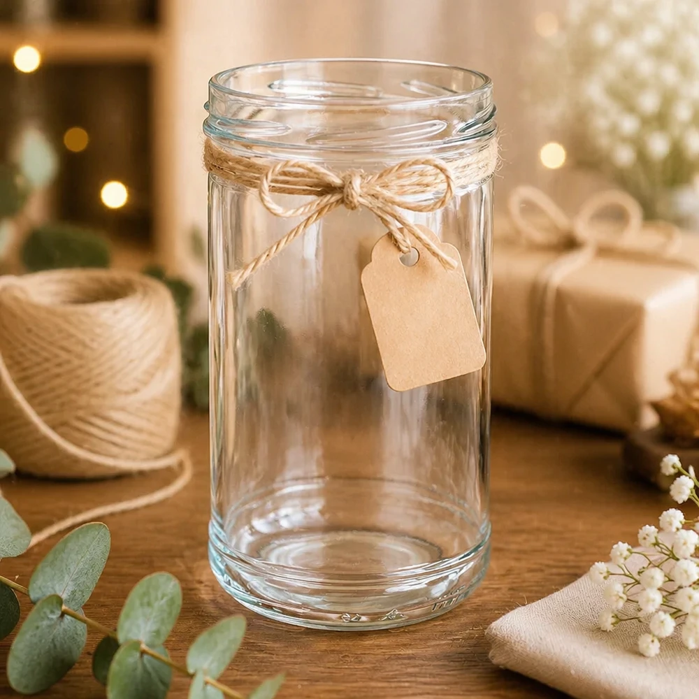 Copos UNiTWIST de 1053 ml com decoração rústica, cordão de juta e etiqueta de oferta dispostos numa mesa de madeira
