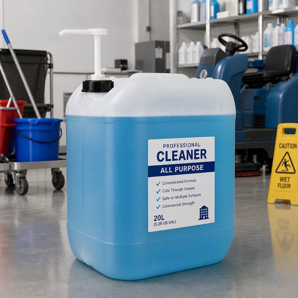 Recipiente azul para produto de limpeza de 20 litros com bomba dosadora num ambiente de limpeza profissional