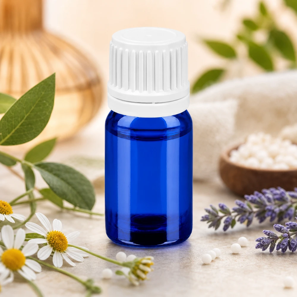 Frasco de vidro de 5 ml de alta qualidade em azul-cobalto com tampa branca à prova de crianças