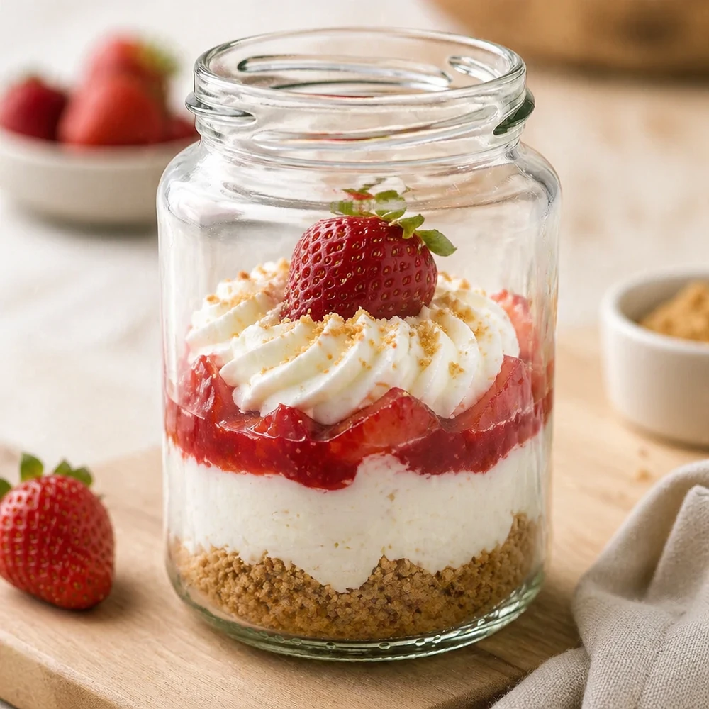 Frasco redondo de 382 ml sem tampa (TO66) UNiTWIST UNiTWIST Runda382 copo redondo 382ml TO66 com sobremesa de morango Sobremesa em camadas num copo cheio de creme e fruta