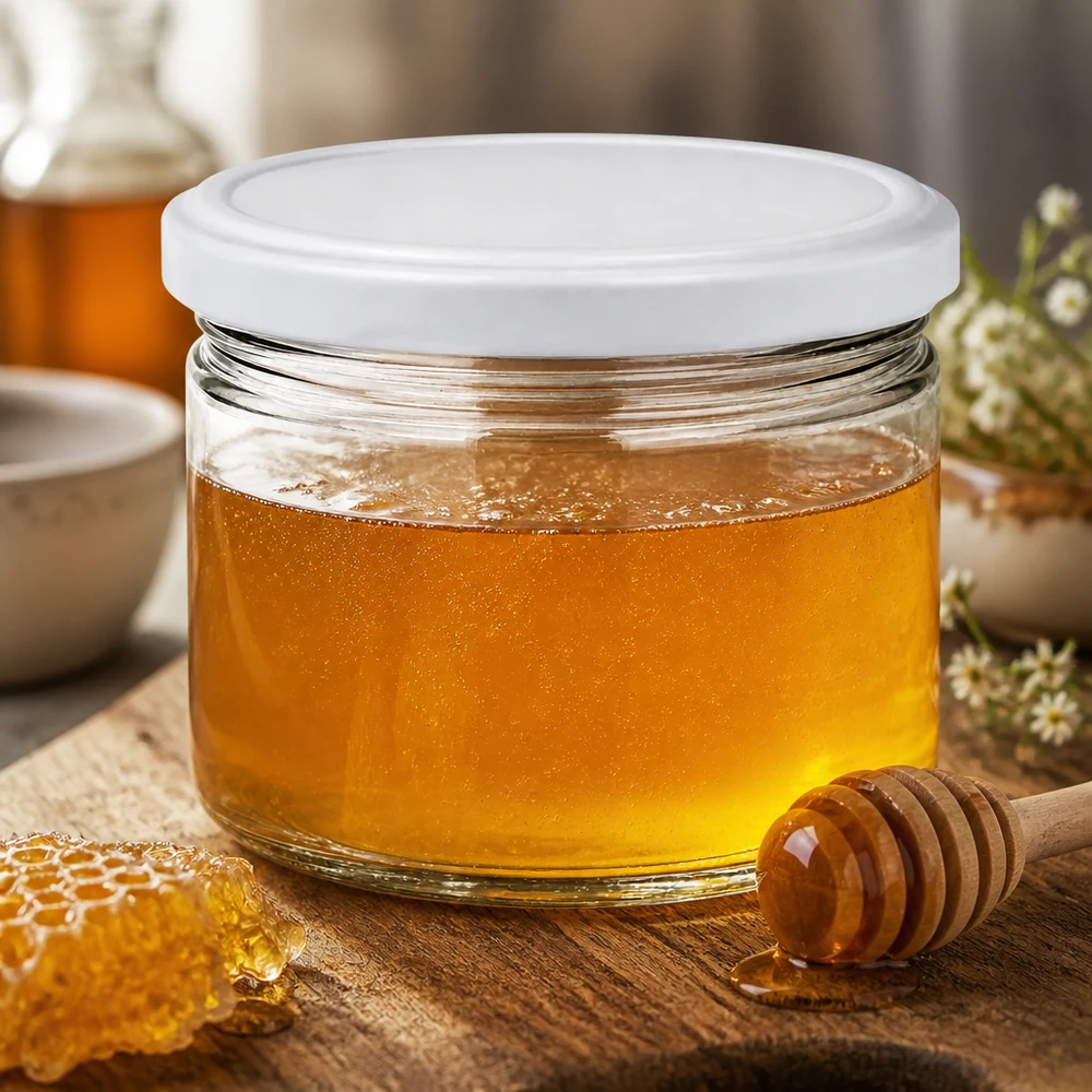 540ml Rundglas BasicSeal weiß gefüllt mit goldenem Honig neben Bienenwabe - hochwertiges Glas für Imkerei-Produkte