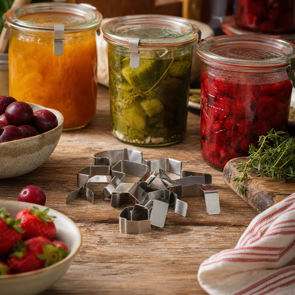 Pinça de conservação Pinças de conservação em aço inoxidável numa cena de cozinha com frascos de compota em conserva, legumes e fruta fresca
