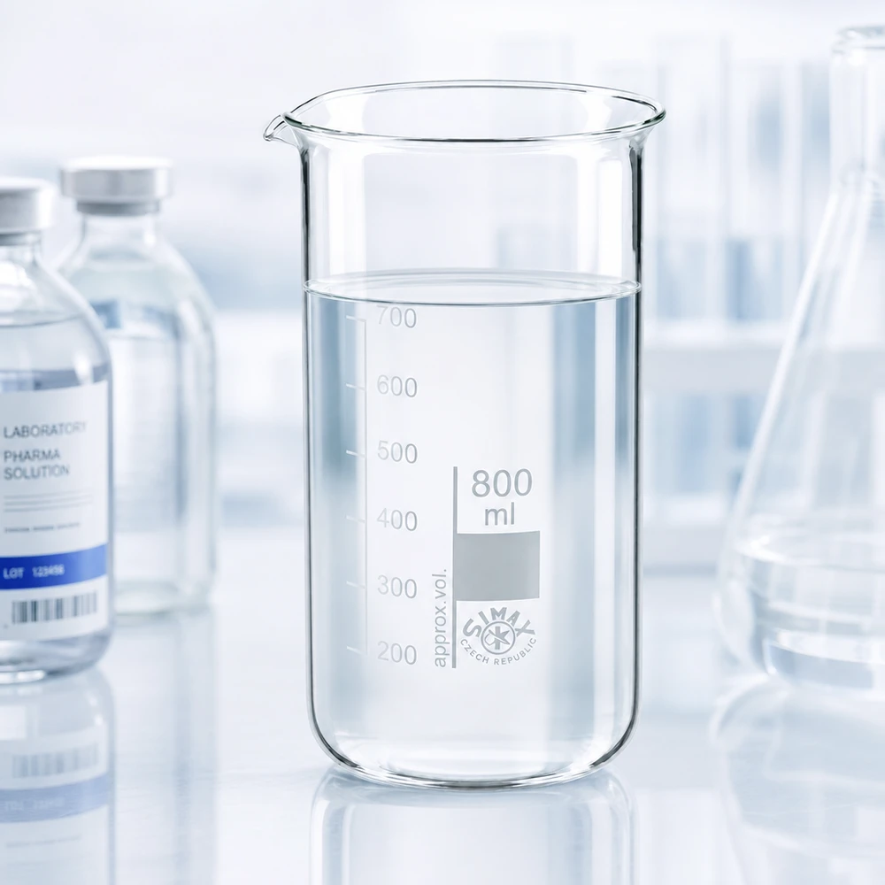 Copo de vidro de 800 ml, de formato alto, em vidro borossilicato transparente, cheio com um líquido límpido até 650 ml
