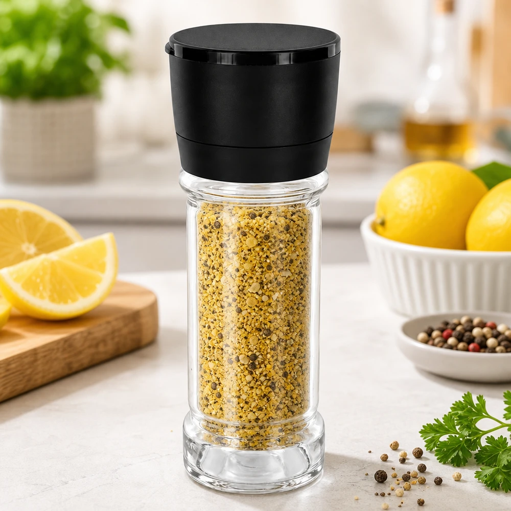 Frasco de especiarias de pimenta e limão, 100 ml, com moinho preto Vario, com limões frescos