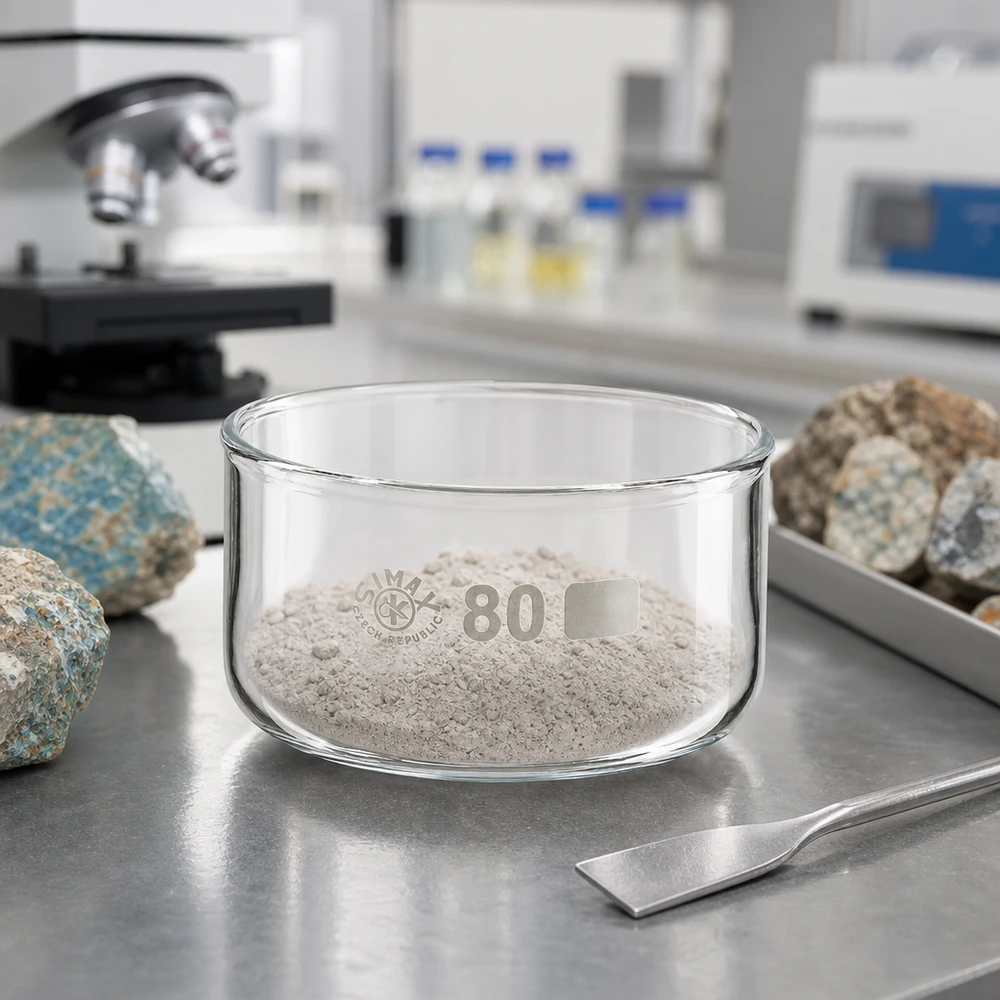 Pó mineral branco-acinzentado numa cuba de cristalização SIMAX de 150 ml, em vidro borossilicato, para laboratório, ø 80 mm