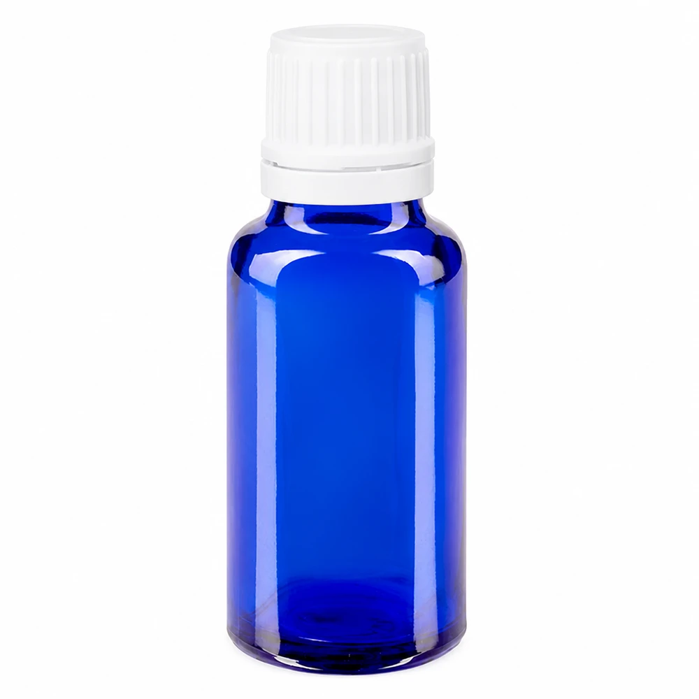 Frasco de farmácia azul 20ml tampa de rosca branca fecho inviolável Frasco de vidro azul de farmácia com 20 ml e tampa de rosca branca de 11 mm para uso farmacêutico e cosmético
