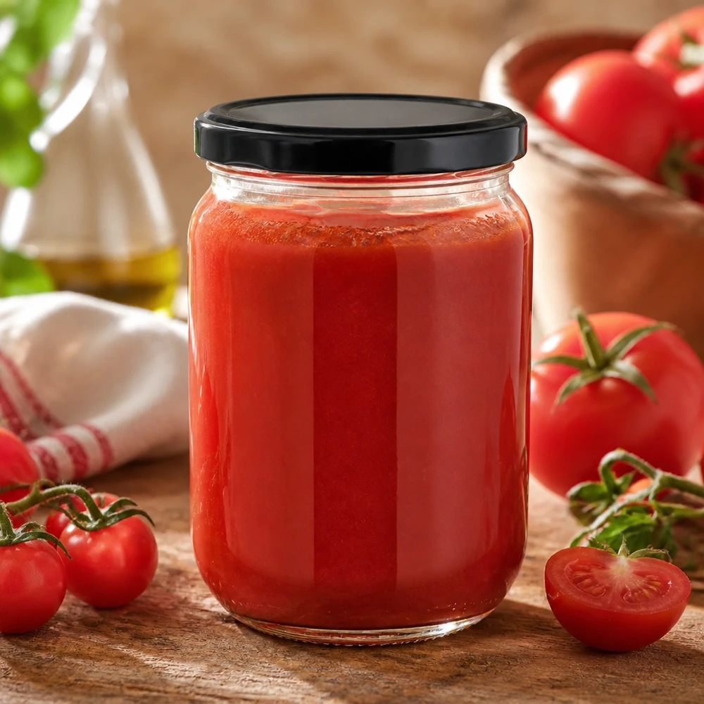 Frasco redondo de vidro UniTwist de 555 ml com tampa BasicSeal preta, cheio de molho de tomate caseiro