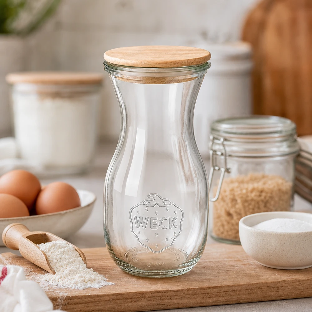Garrafa de sumo WECK de 290 ml com tampa de madeira na tábua de cozinha entre os ingredientes de pastelaria, a farinha, os ovos e os frascos de armazenamento
