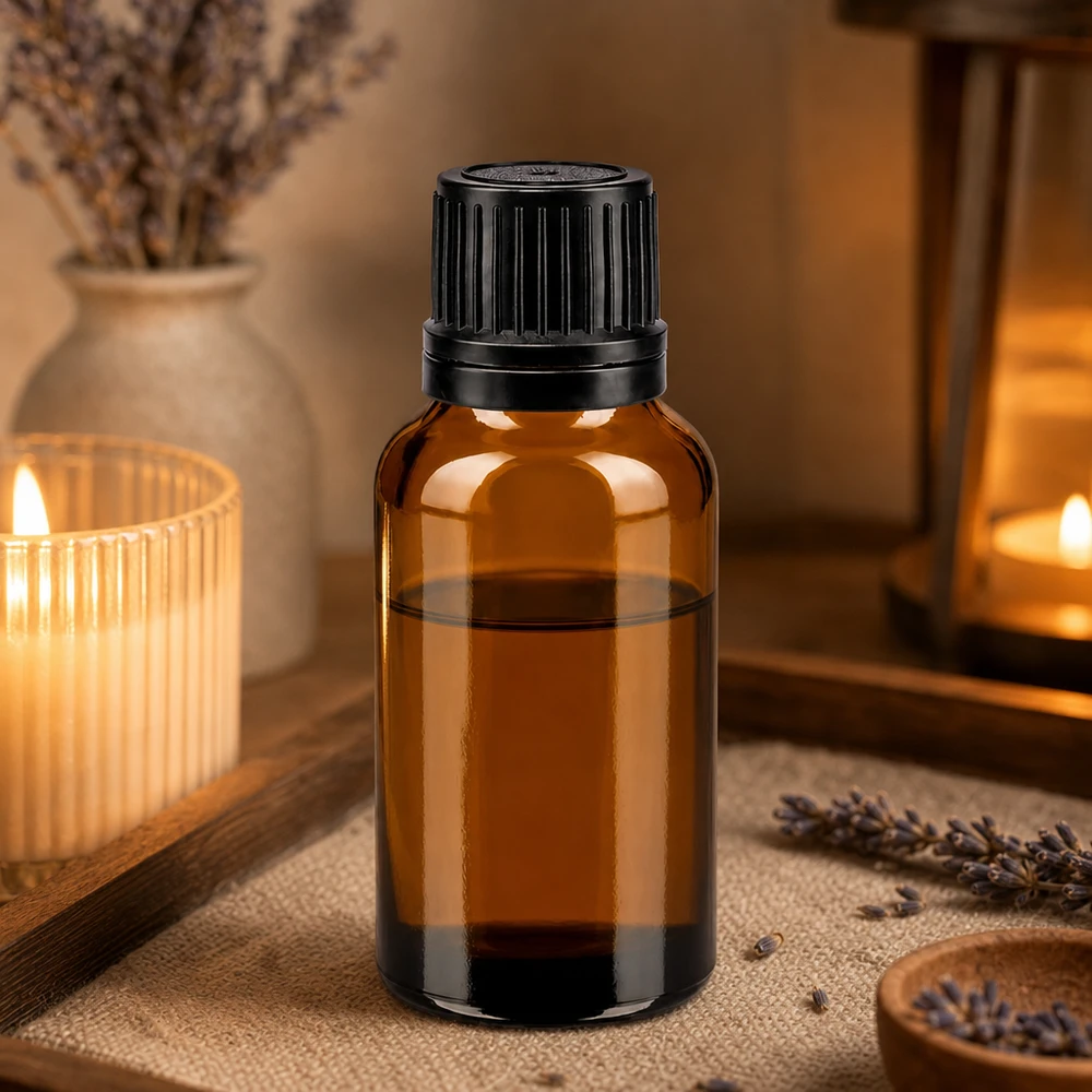 Frasco de vidro âmbar de 20 ml com tampa preta original para óleo de lavanda e essências