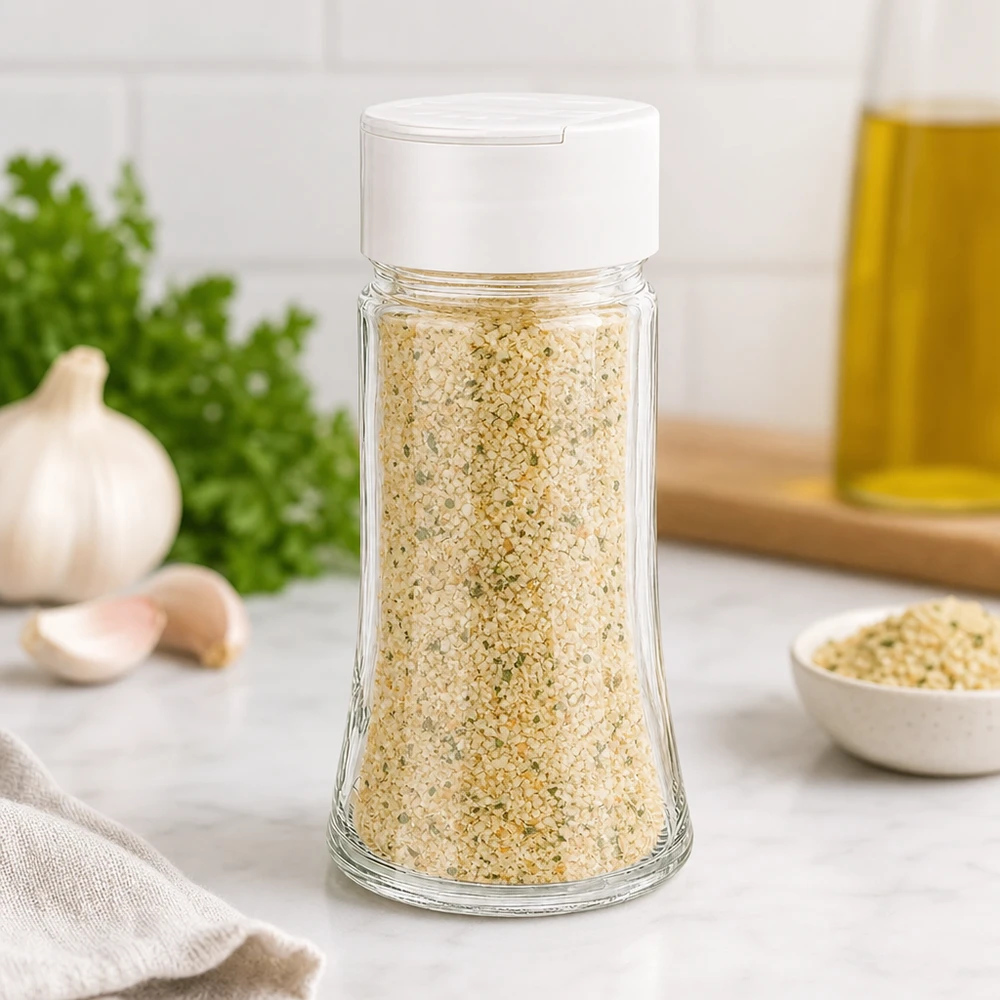 Frasco de especiarias de 95 ml cheio de sal com alho, com tampa branca dupla para polvilhar, ao lado de salsa fresca