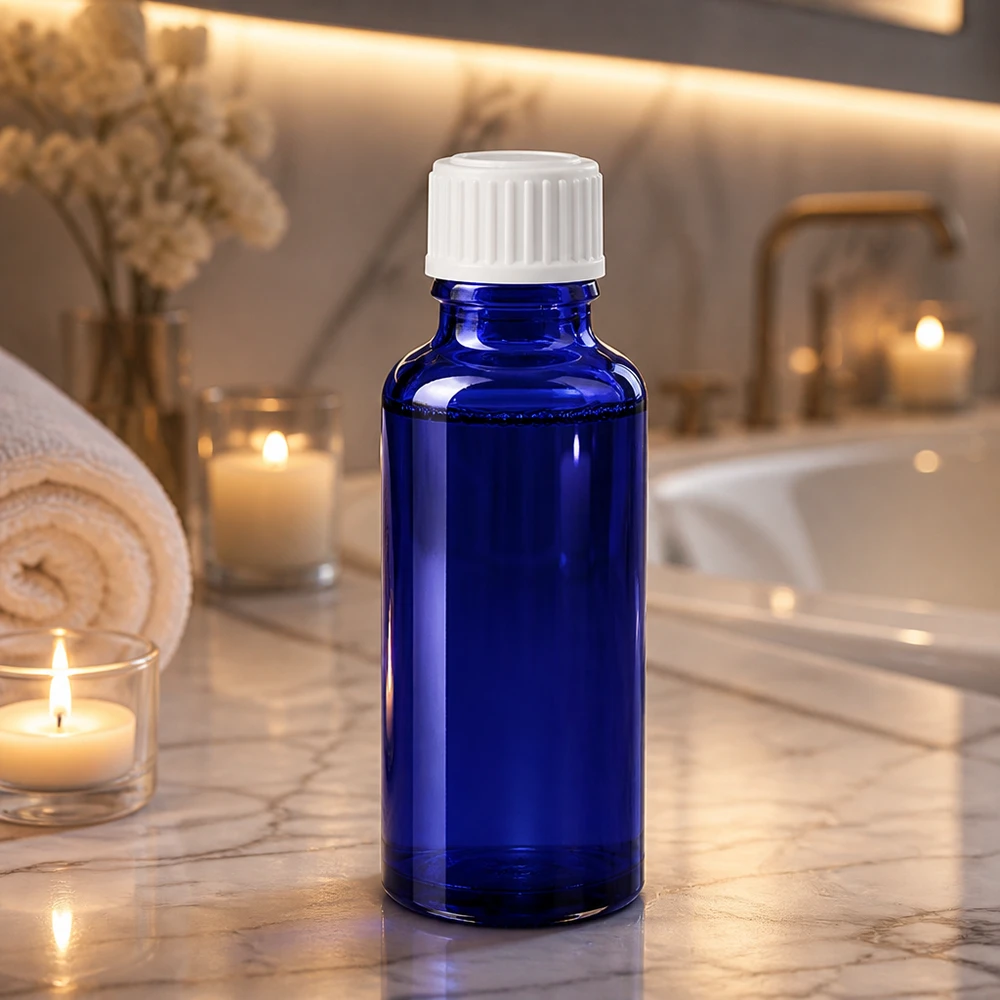 Frasco de farmácia azul 30ml tampa de rosca branca standard Frasco de farmácia de 30 ml, azul cobalto, com tampa padrão branca, sobre uma base de mármore na casa de banho
