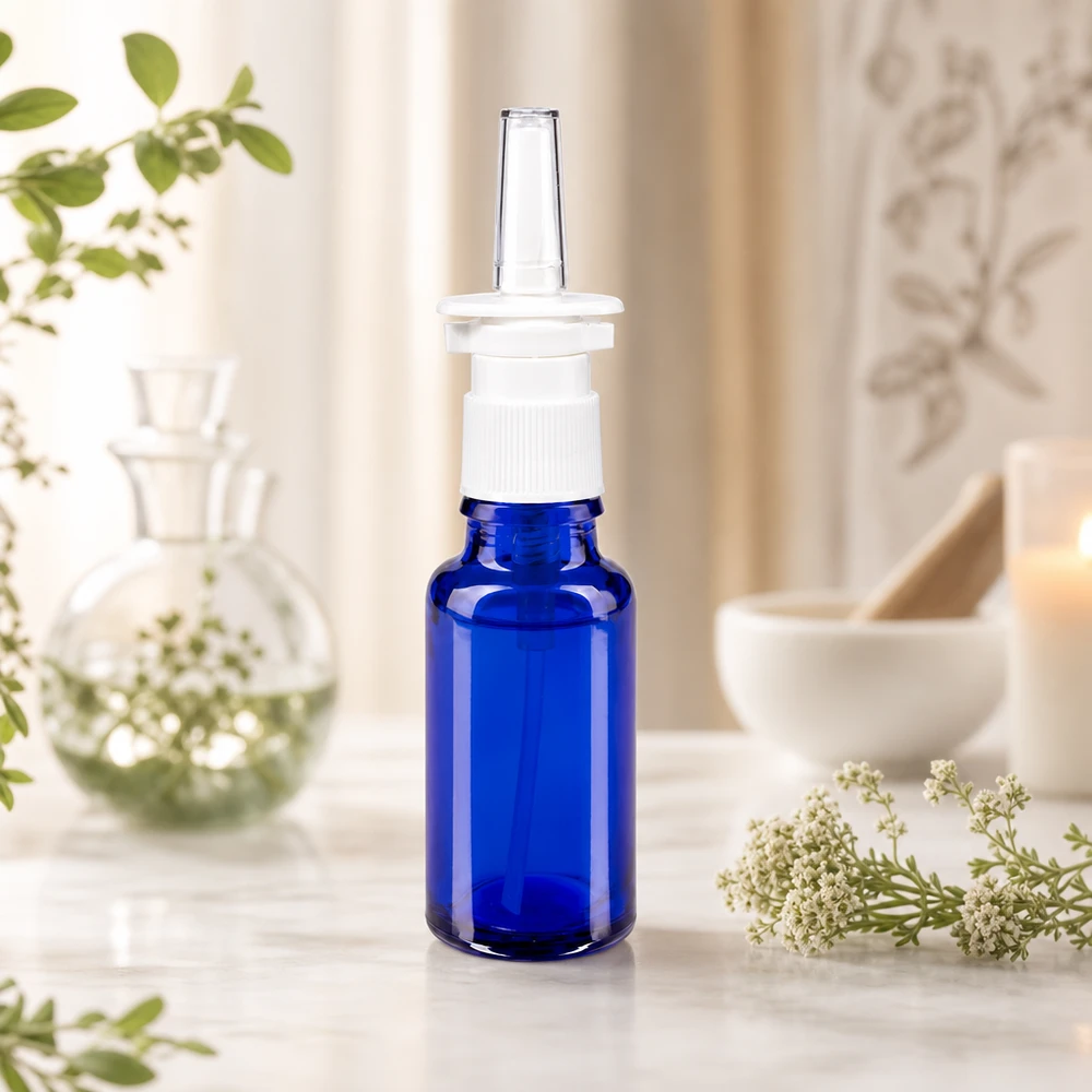 Frasco de farmácia azul 20ml atomizador nasal branco standard Frasco farmacêutico azul de 20 ml com bico de pulverização nasal branco e bico aplicador transparente, em frente a um cenário natural