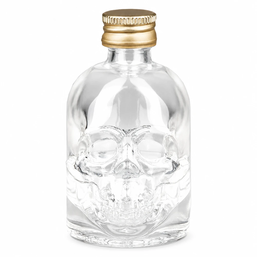 Garrafa de vidro Hector de 50 ml com desenho de caveira e tampa de rosca UNiTWIST dourada para bebidas espirituosas e bebidas
