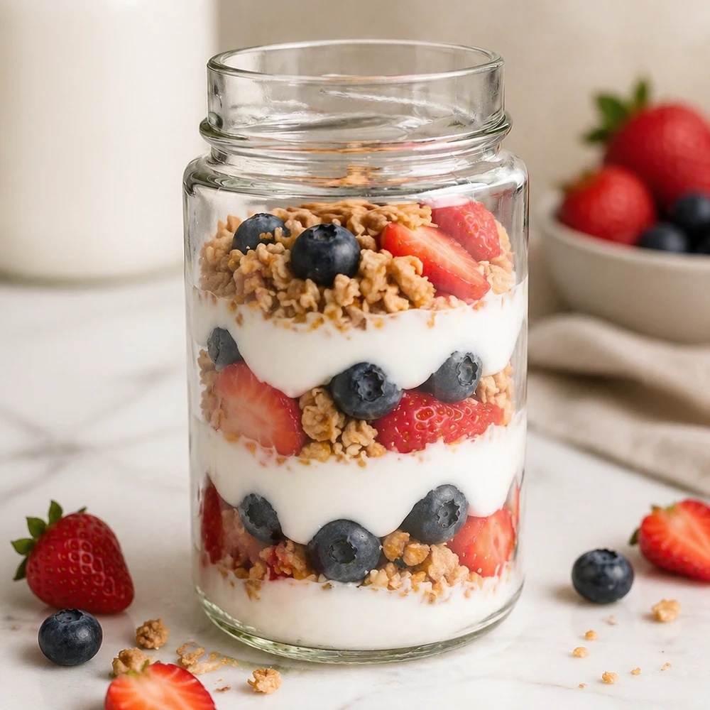 UNiTWIST Runda245 frasco redondo 245ml com iogurte muesli morangos mirtilos em camadas TO58deep tampa frasco de vidro para arrumação