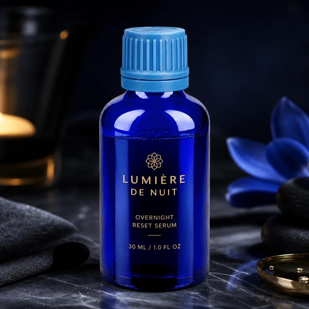 Frasco de cosméticos premium de 50 ml em vidro azul-cobalto com um design elegante para produtos de cuidados da pele