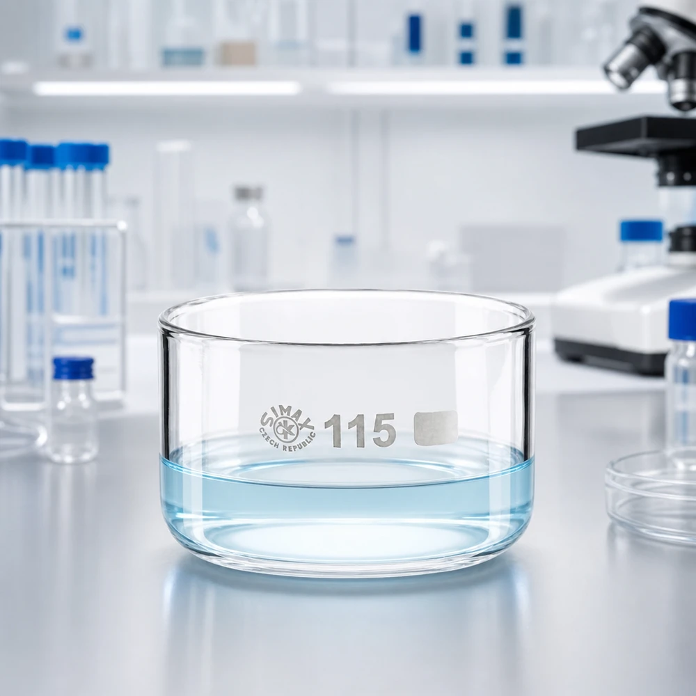 Cristaleira de 500ml sem bico em borosilicato ø115mm Bacía de cristalização SIMAX de 500 ml, cheia de água límpida, vista ao microscópio num laboratório moderno