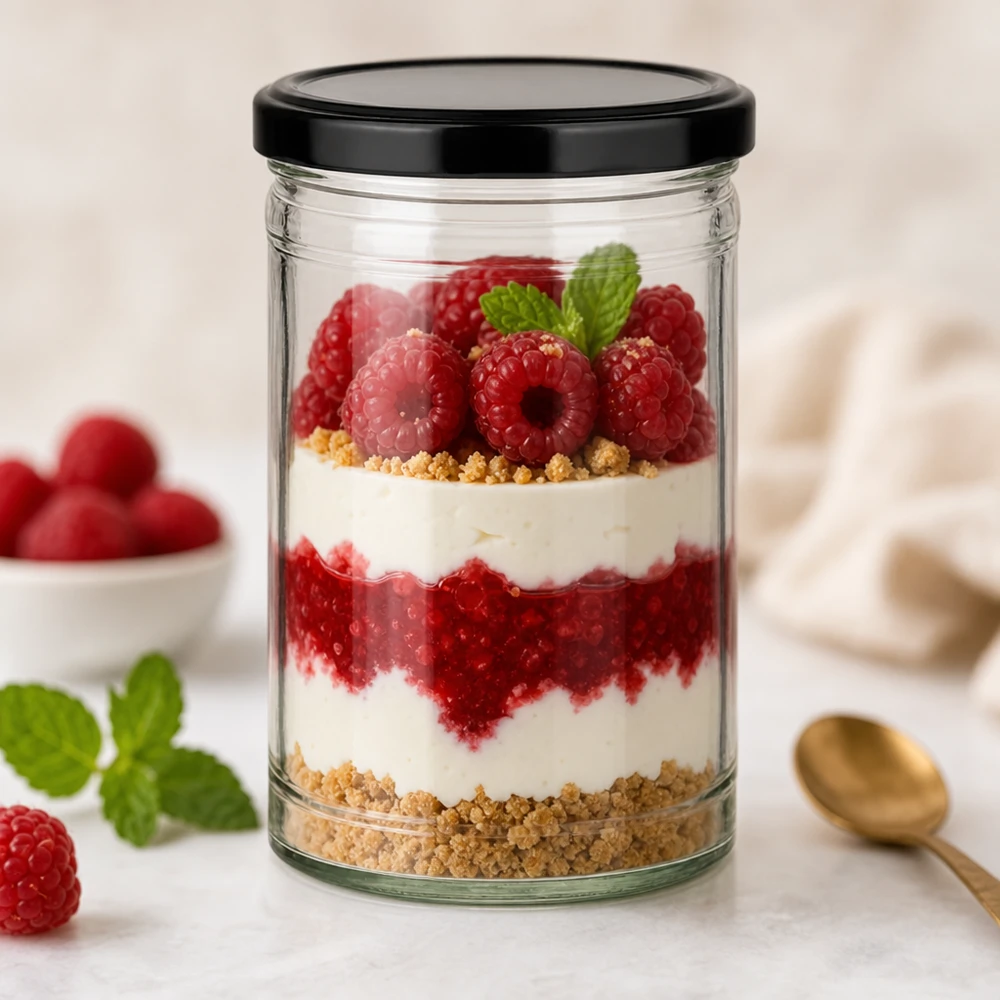 Copos de vidro de 1053 ml com tampa BasicSeal preta UNiTWIST 1053ml Sturzglas mit schwarzem Deckel als Dessertglas mit Himbeer-Schichtdessert und Keksboden dekoriert mit Minze