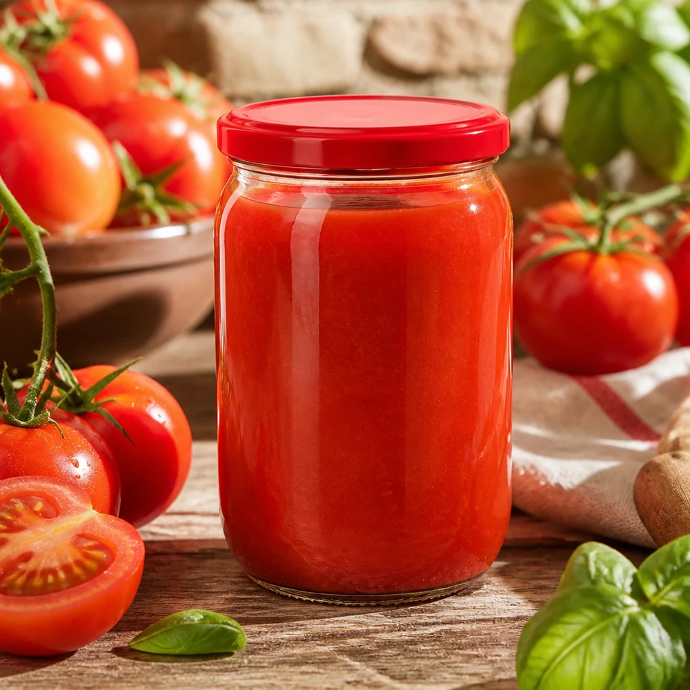 Frasco redondo de vidro UNiTWIST de 555 ml com tampa BasicSeal vermelha, cheio de molho de tomate caseiro