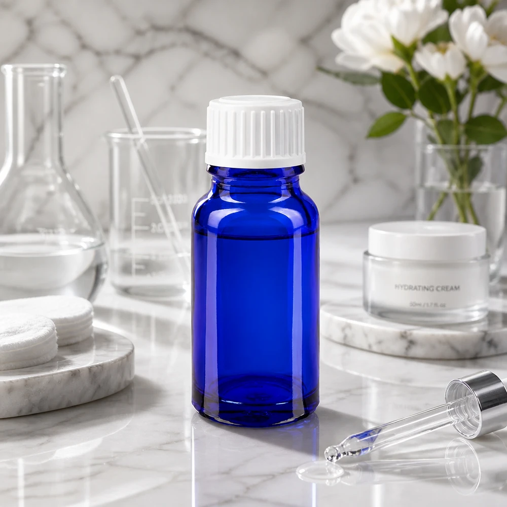 Frasco de farmácia azul de 10 ml com tampa branca à prova de crianças sobre fundo de mármore