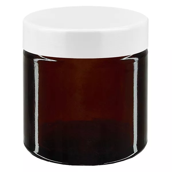 Frasco de vidro de 60ml. castanho, com tampa de baquelite branca ApoGlas Frasco de vidro de 60ml. castanho, com tampa de baquelite branca ApoGlas