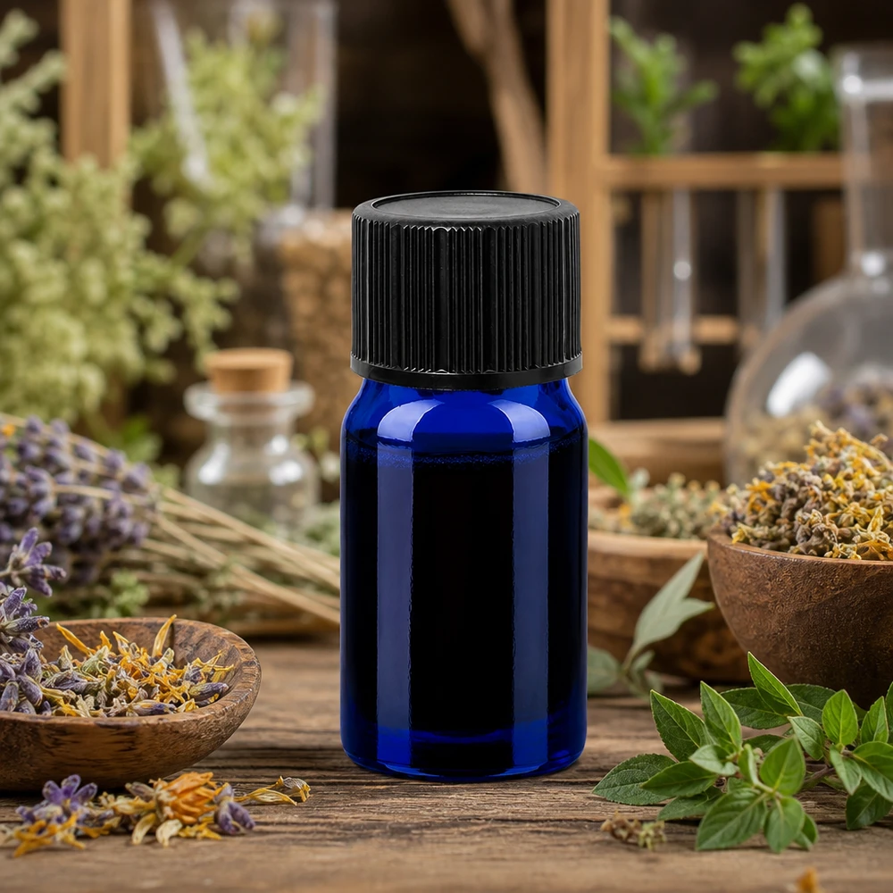 Frasco conta-gotas de 5 ml com proteção UV graças ao vidro azul, ideal para substâncias sensíveis à luz