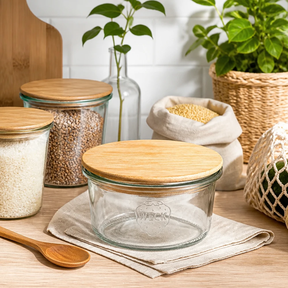 Copos de vidro WECK RR80 de 165 ml com tampa de madeira Frasco de armazenamento vazio WECK RR80 de 165 ml com tampa de bambu em cozinha sustentável sem desperdício com frascos de armazenamento