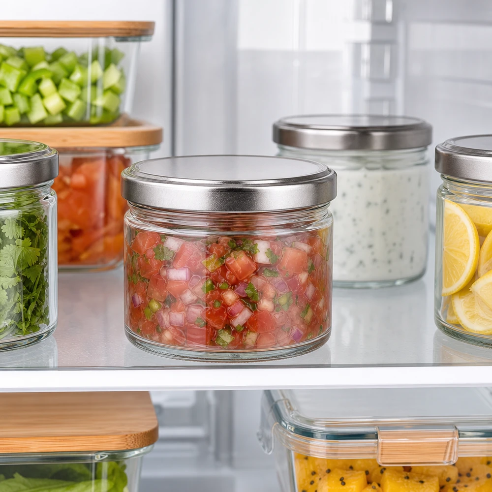 Frascos redondos de 540 ml com tampas prateadas no frigorífico, recipientes de preparação de refeições para salsa e legumes pré-cortados