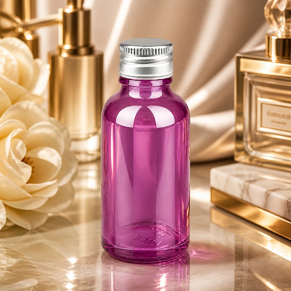Frasco de vidro violeta de 30 ml de alta qualidade com tampa de alumínio de primeira qualidade para perfumes e soros