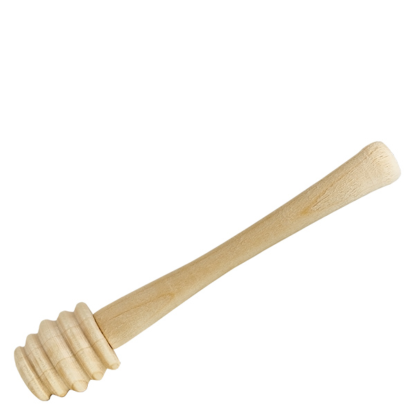 Colher de mel feita de madeira de ácer robusta / 10,5 cm de comprimento Colher de mel em madeira de ácer com 10,5 cm de comprimento e cabeça estriada para dosear o mel sobre fundo branco