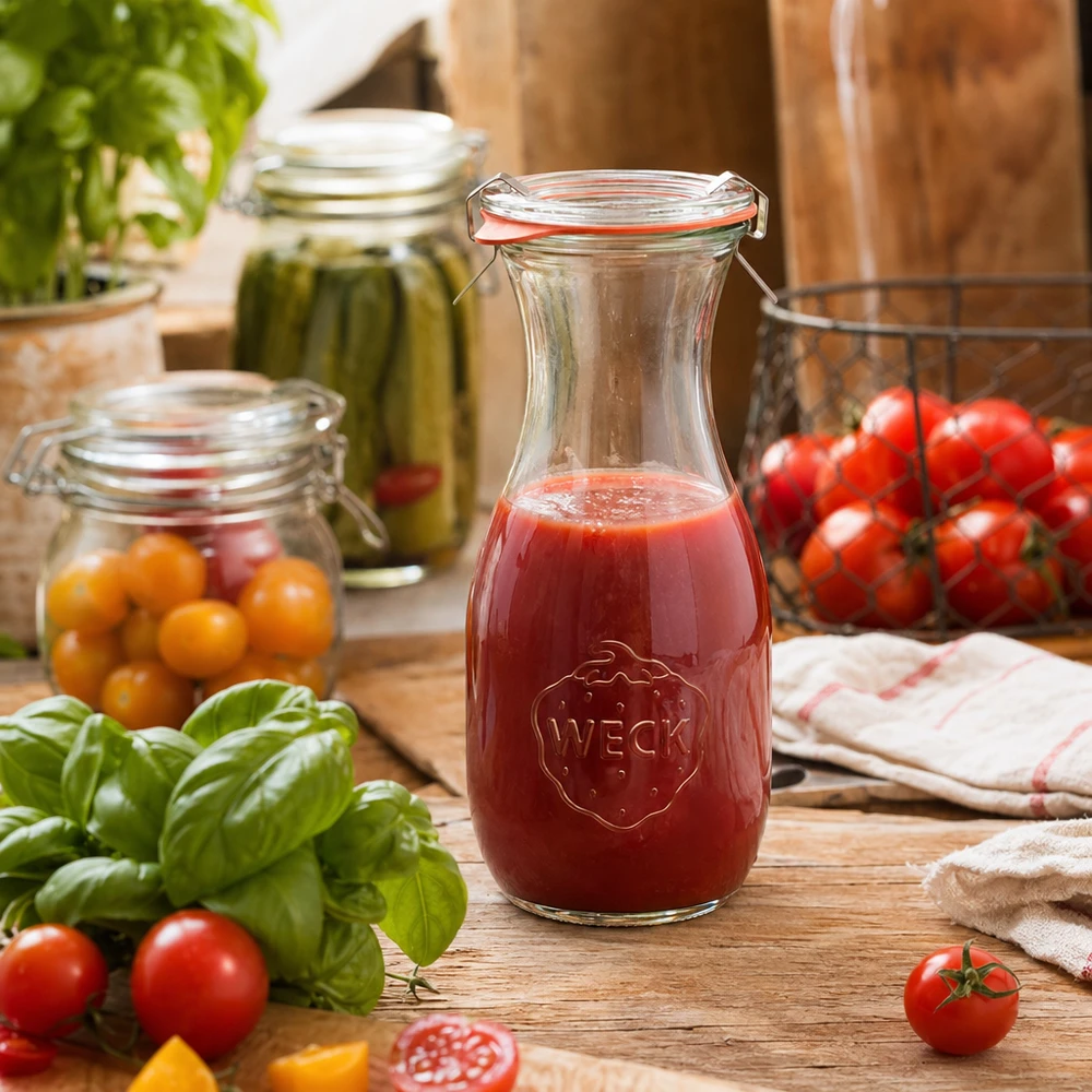 Garrafa de sumo WECK de 530 ml com sumo de tomate sobre uma mesa de madeira rodeada de tomates frescos e manjericão na cozinha