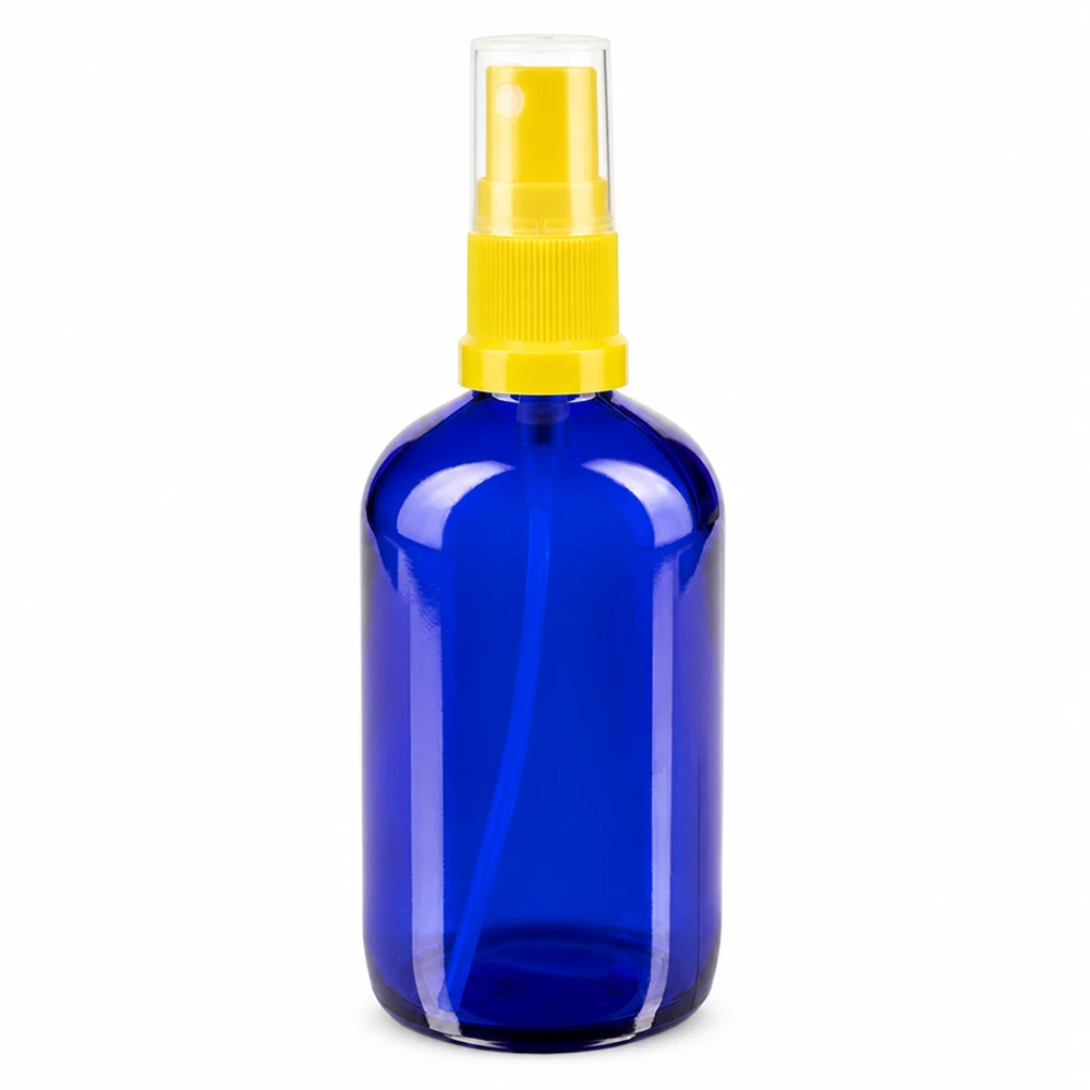 Frasco de vidro azul de 100 ml com pulverizador amarelo, em vidro de farmácia, de qualidade padrão