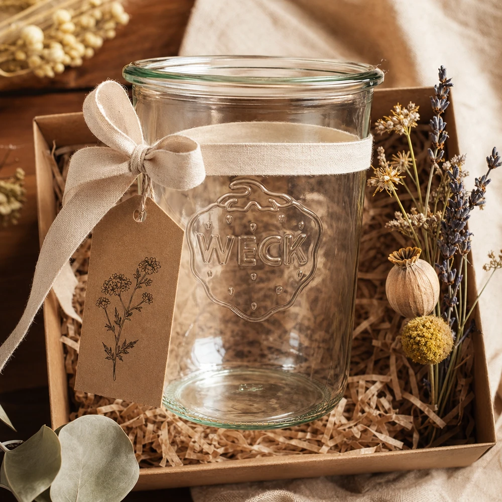 Copos WECK RR100 de 850 ml com fita e flores secas numa caixa de oferta sobre um fundo de madeira