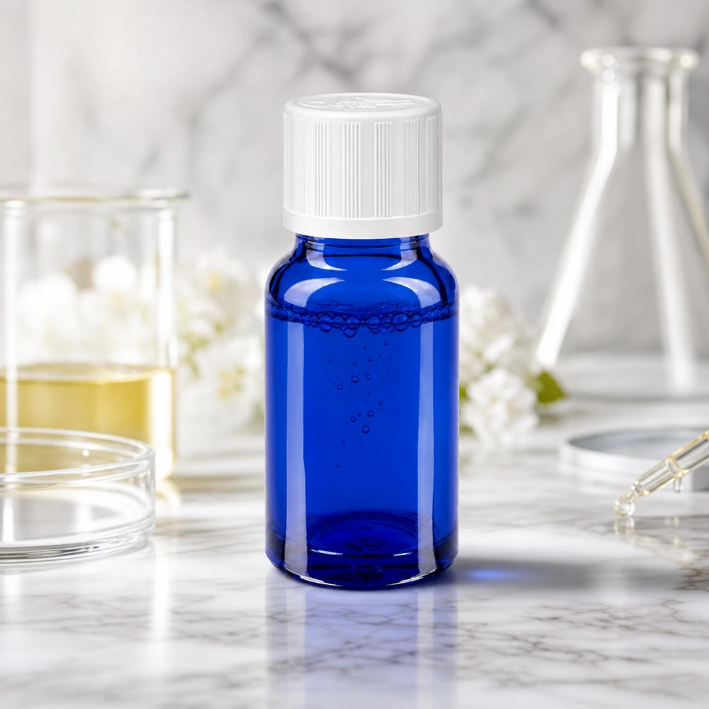 Frasco de farmácia azul de 10 ml com tampa de segurança para crianças, no laboratório, entre dois frascos de Erlenmeyer
