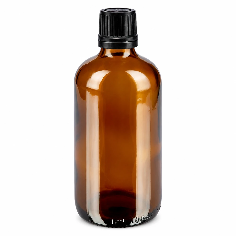 Frasco de farmácia castanho de 100 ml, em vidro castanho, com tampa de segurança preta e conta-gotas de 1 mm