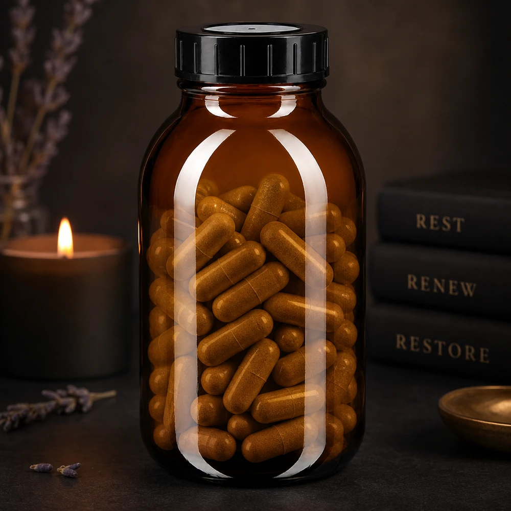 Garrafa de 500ml com gargalo largo em vidro âmbar com tampa de rosca Garrafa de gargalo largo de 500 ml em vidro âmbar com tampa preta, ideal para cápsulas e comprimidos