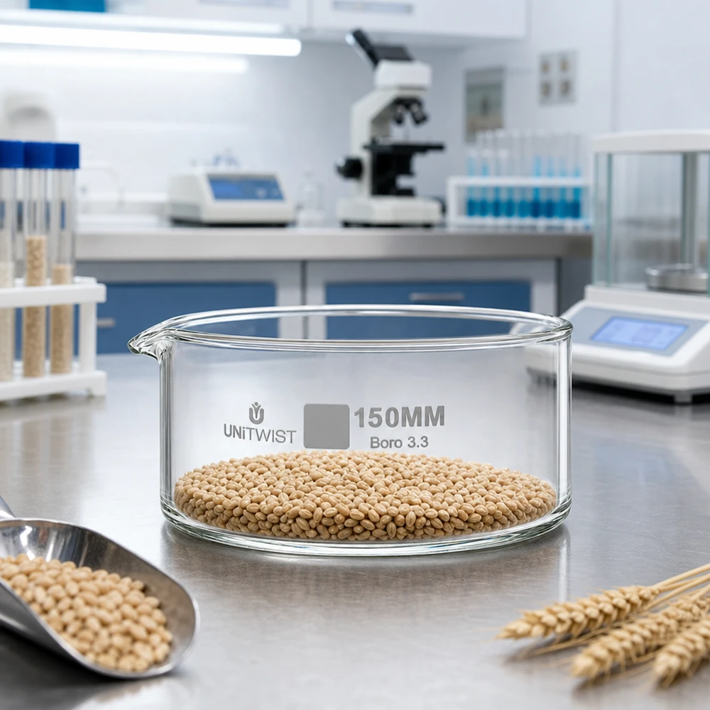 Bandeja de cristalização de 150 mm UNiTWIST Boro 3.3 com grãos de trigo para análise de sementes em laboratório