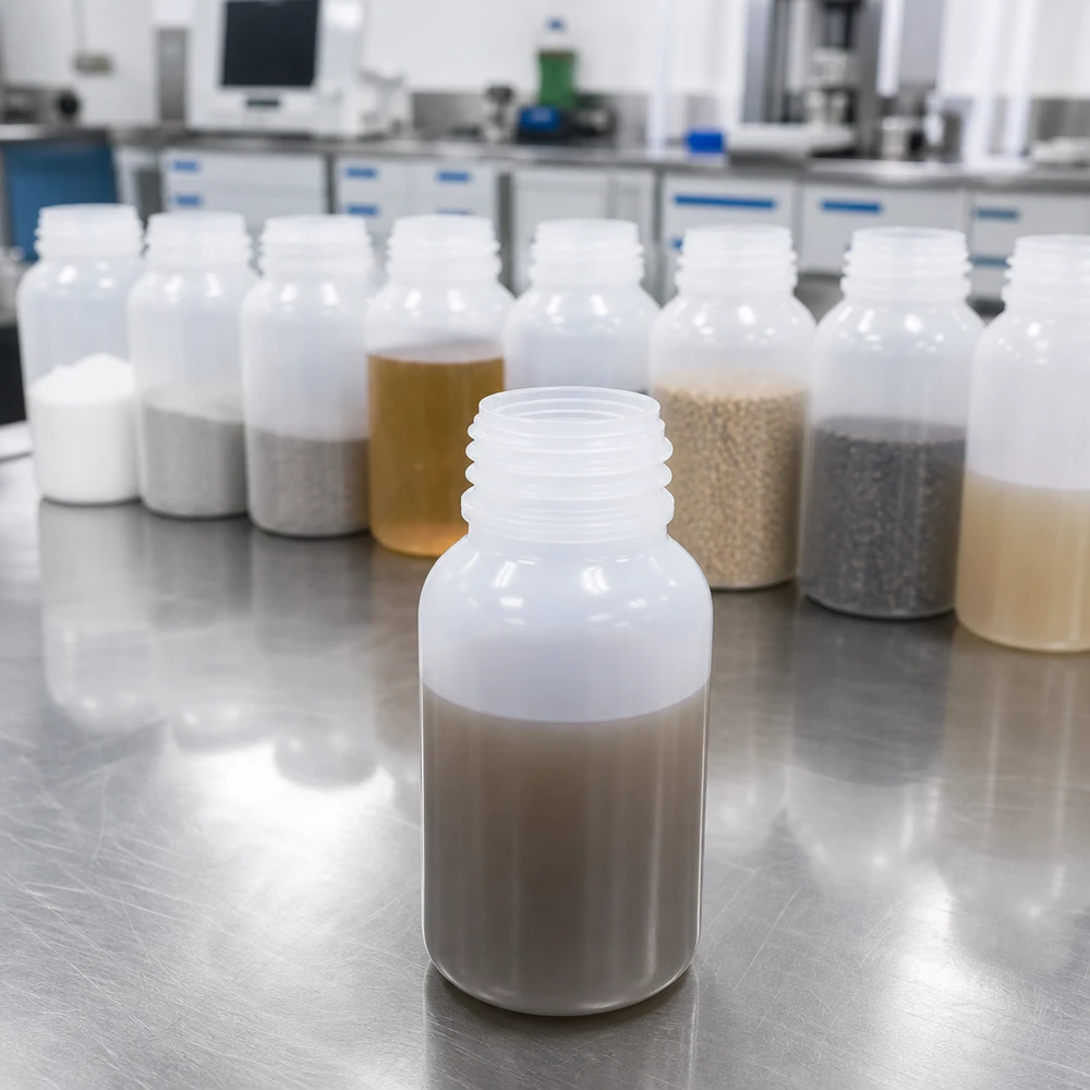 Frasco de laboratório de 100 ml com gargalo largo e sem tampa Conjunto de frascos de laboratório de plástico de 100 ml, de gargalo largo e vazios, sobre uma superfície de aço inoxidável no laboratório