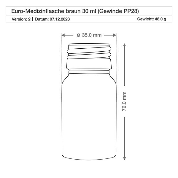 30ml Medizinflasche braun, mit Verschluss silber Aluminium ApoGlas Frasco de vidro redondo de 30 ml em castanho com forma clássica de frasco de medicamento e gargalo roscado PP28