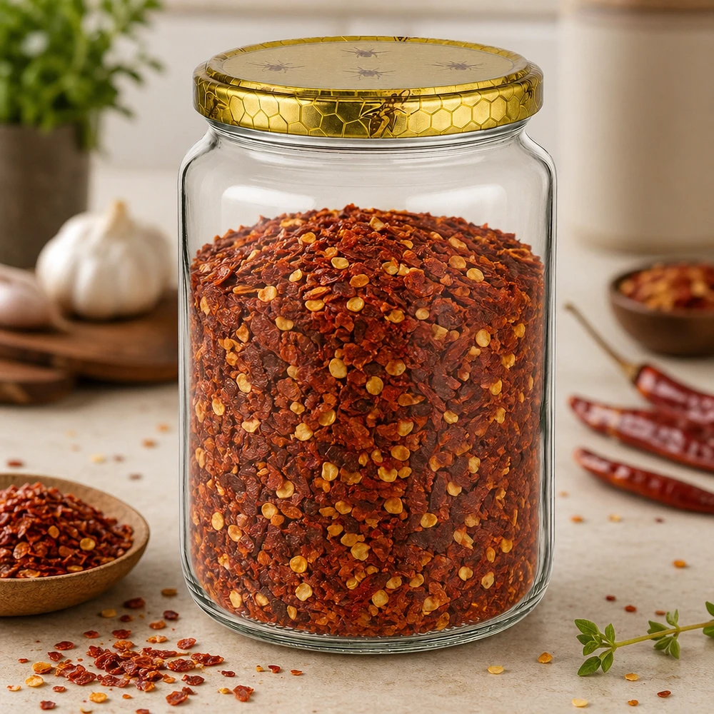 1000g Honigglas mit Bienenwabe Deckel BasicSeal UNiTWIST Frasco de mel de 1000 g com tampa em forma de favo de mel cheio de flocos de malagueta e especiarias em cima de uma mesa de madeira Material de cozinha para apicultura